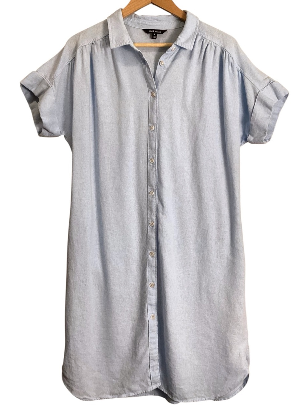 Well Worn Maggie Linen Blend Shirt Dress Pale Blue Button Front Coastal Large - Picture 2 of 12